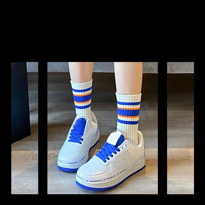 

Женские весенне-осенние цветные полосатые спортивные студенческие носки-трубы 1 pair белый/синий