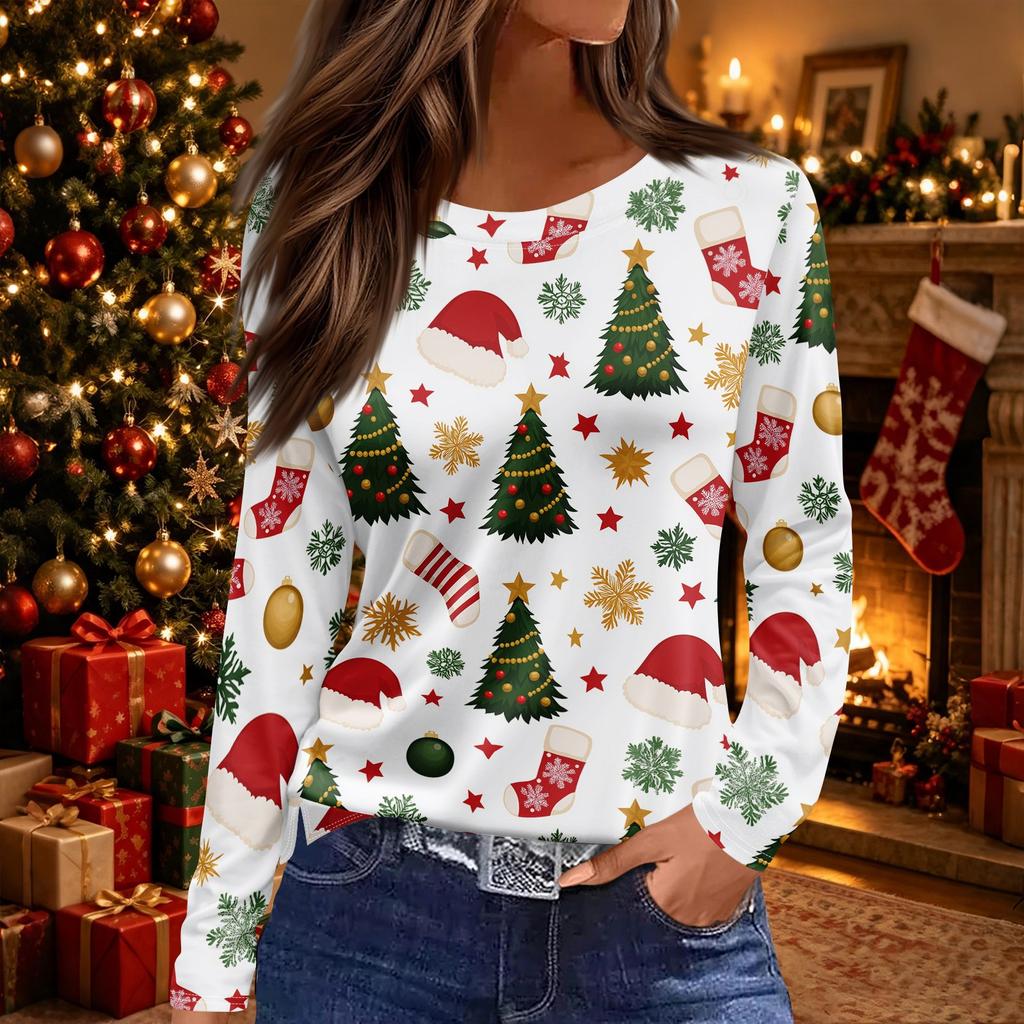 Women's Christmas Tree Print Long Sleeve Neck Top with Side Slit for Holiday Party
