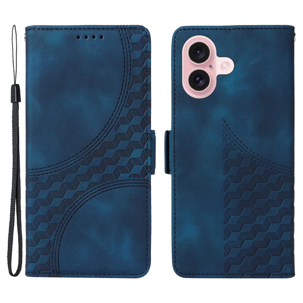 For iPhone 16 Leather Cases Wallet Rhombus Imprinted Phone Cover Stand with Strap