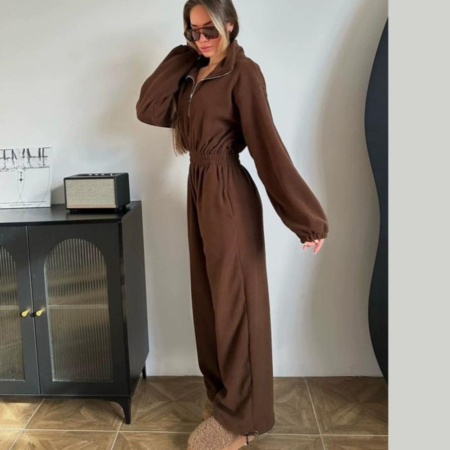 Macacão Feminino de Moda Primavera e Outono de Manga Comprida Macacão Casual Feminino Meio Aberto Cintura Elástica Macacão de Uma Peça