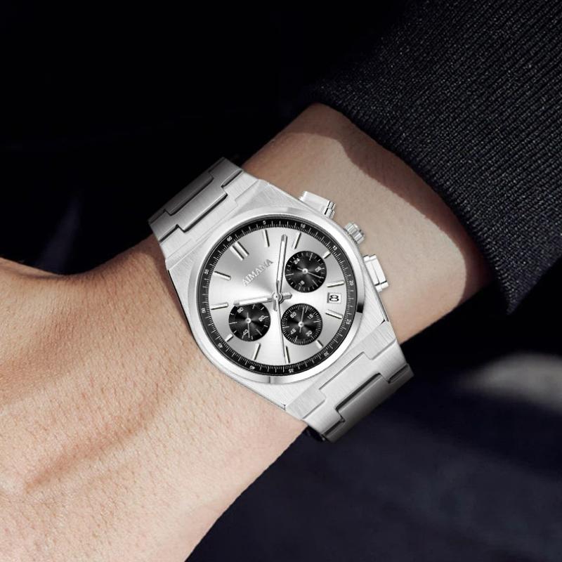 Men Chronograph Quartz Watch with Date Display Stainless Steel Strap Waterproof Fashion Business Male Wrist Watch