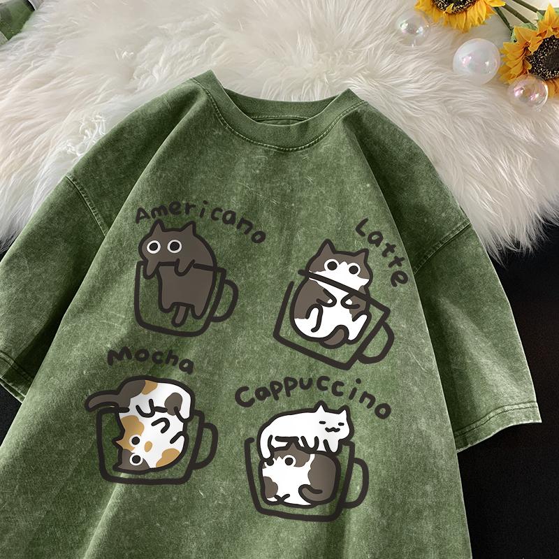 Cat Coffee Pure Cotton Trendy Summer Loose Short Sleeved T-shirt Men Women Mocha Latte Cat Vintage Water Washing Fun Cat Tees