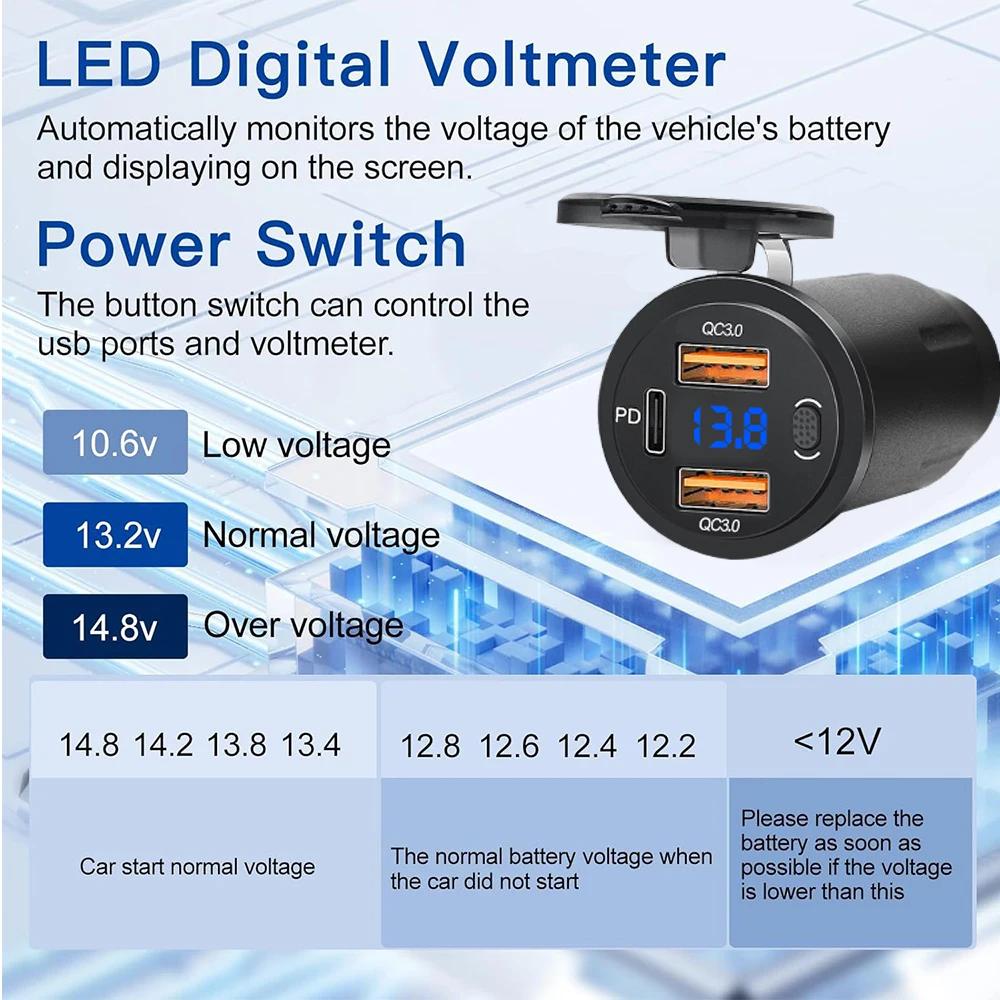 PD QC3.0 Motorcycle USB Fast Charger Waterproof Type C Port Socket Connector With Voltmeter Digital Charge 12V Power Adapter