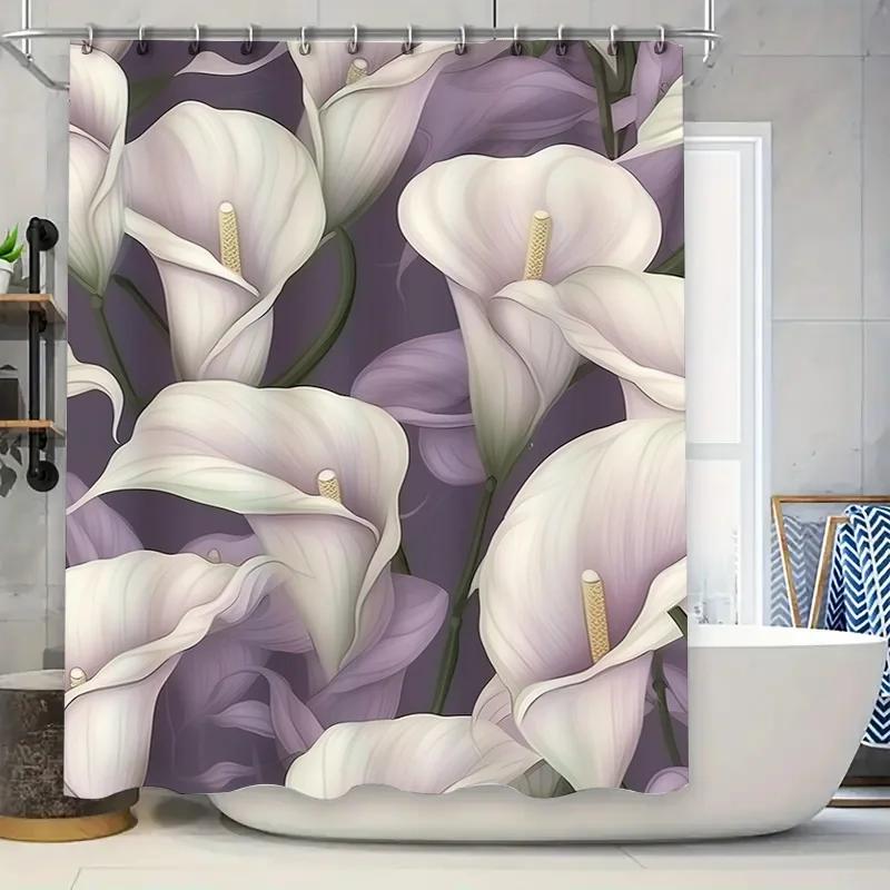 

Beautiful Water Lily Shower Curtain Waterproof Fabric Bathroom Decor 3D Printing White Purple Flower Home Decoration Large Size W60H190(CM)-1 Pcs