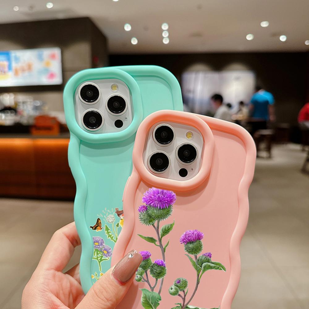N75 Butterflies Flowers Macaron Wavy Edge Phone Cases for iPhone 15 Pro Max Samsung A54 A14 S23 S24 S23 Ultra S21 Redmi Note 13 Pro Shockproof Cover