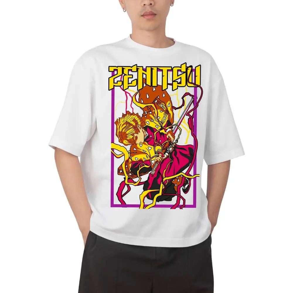 Demon Slayer Zenitsu Agatsuma Thunder Breathing Retro Anime Print T Shirt Men 2026 Summer Casual Streetwear Oversized Cotton