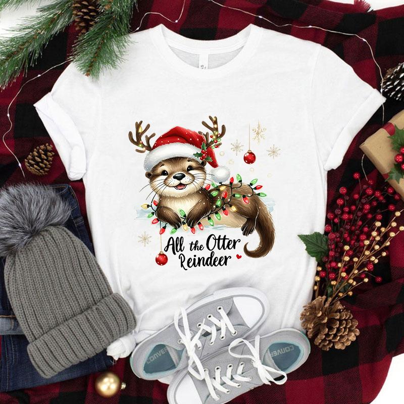 New Christmas All The Otter Reindeer T Shirt Women Casual Personality Round Neck Short Sleeve Fashion Christmas