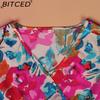 BITCED Plus Size Women's Elegant V-Neck Waist-Defining Slimming Tie-Waist A-Line Floral Print Dress