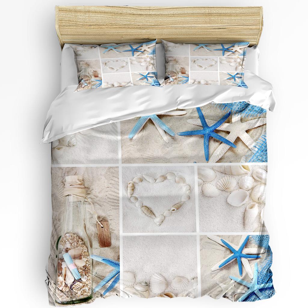Beach Sea Starfish Shells Green 3pcs Bedding Set For Bedroom Double Bed Home Textile Duvet Cover Quilt Cover Pillowcase