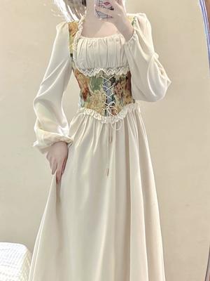 French Retro Palace Style Fake Two Piece Dress Women Vintage Long Sleeved Party Long Dresses Female Casual High Waist Fashion Slim Clothing