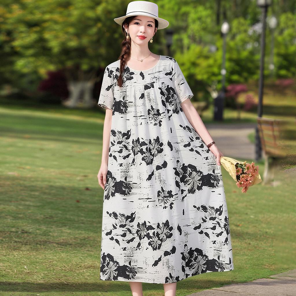 Women's Round Neck Short Sleeve Maxi Dress Loose Relaxed Waist Elegant Floral Print Plus Size Casual Summer Dress