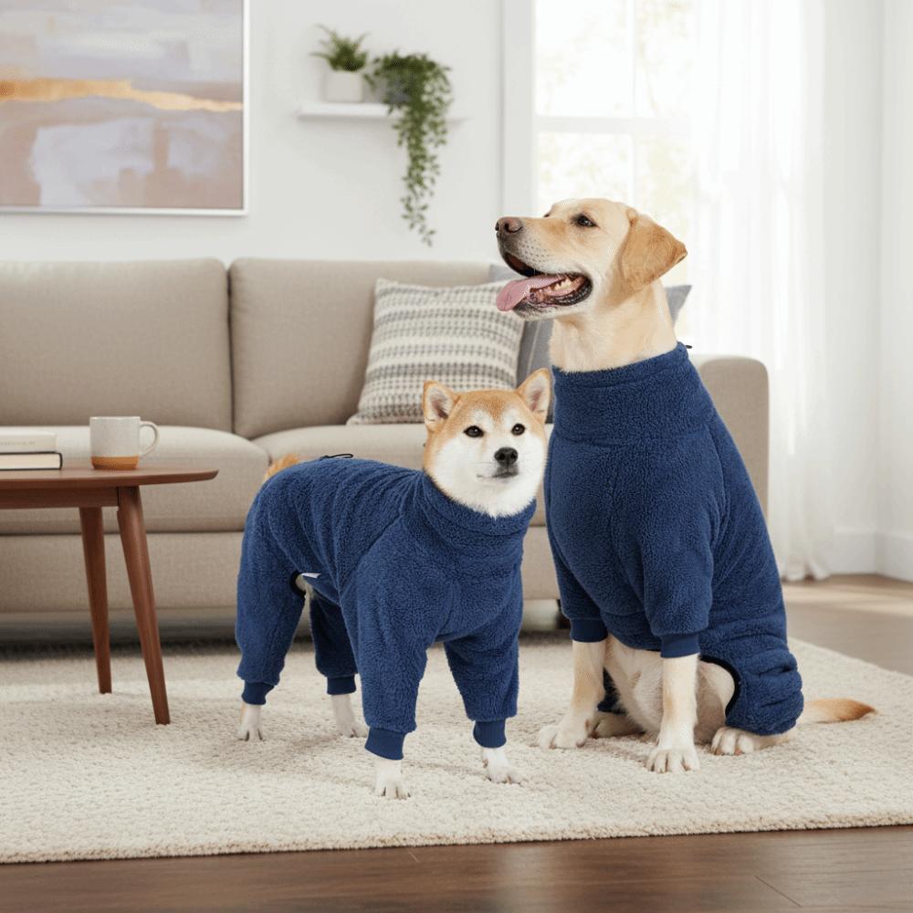 Verdickter Winter Hunde Jumpsuit Ganzkörper Hunde Fleece Mantel Praktische Vierbeinige Hundekleidung Garten