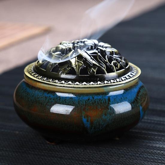 Incense Burner with Lid Hollow Top Slow Smoke Fireproof Heat Resistance Ice Crack Pattern Peaceful Mind Censer Burner Living Room Supply