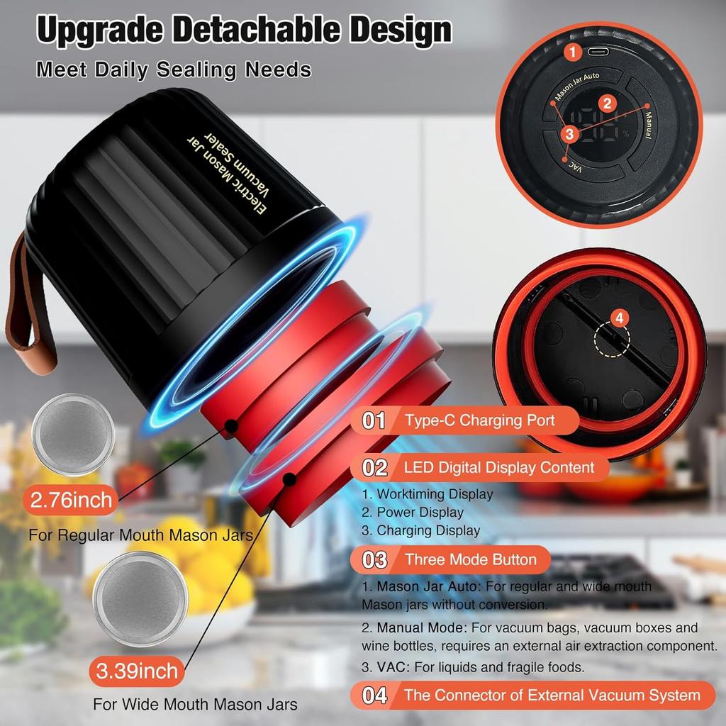 Electric Mason Jar Vacuum Sealer Kit, 4 in 1 Jar Vacuum Sealer for Mason Jars Jar Sealer Vacuum Sealing Machine for Food Storage Vacuum Bag Box Wine