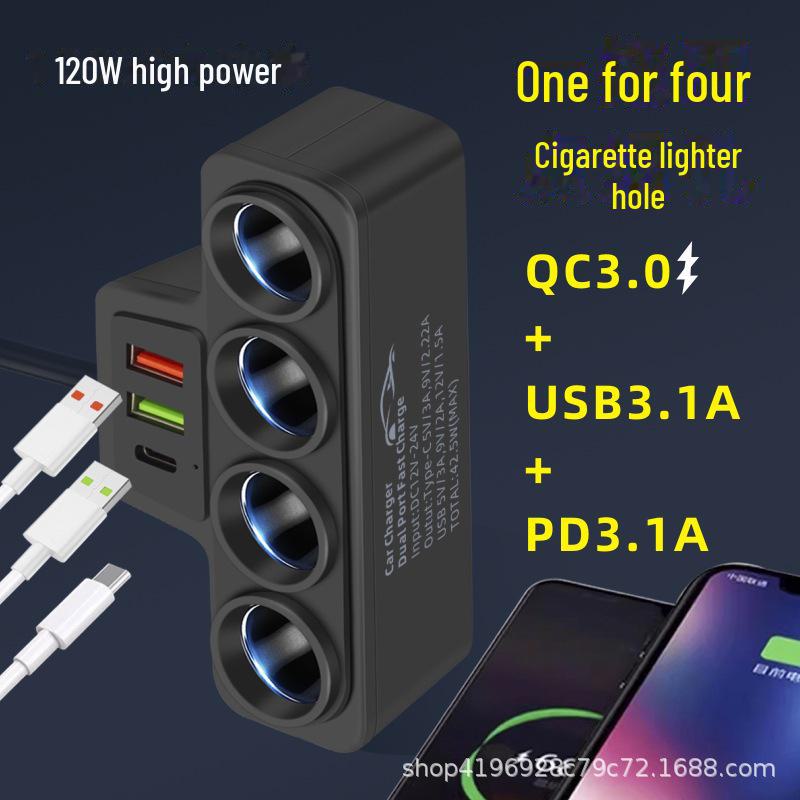 

«Автомобильное зарядное устройство 2024 года»: Разветвитель прикуривателя 1 на 4 с быстрой зарядкой QC3.0, USB, PD (12В/24В Универсальный) One to four QC+USB+PD чёрный
