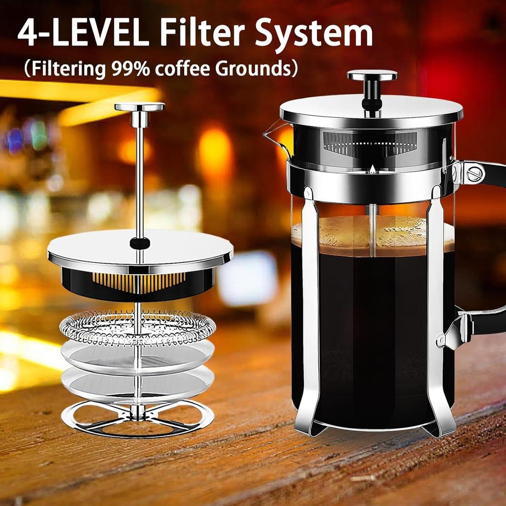 Stainless Steel French Press Coffee Maker,Insulated Coffee Presswith 4 Filters System,Manual Brewer for Tea,Camping & Travel
