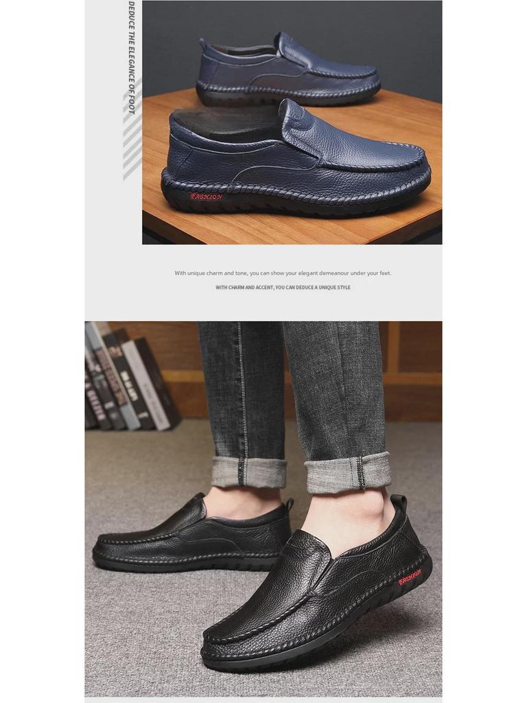 Men's Casual Leather Moccasins: Breathable Cowhide Flats for Middle-Aged and Elderly