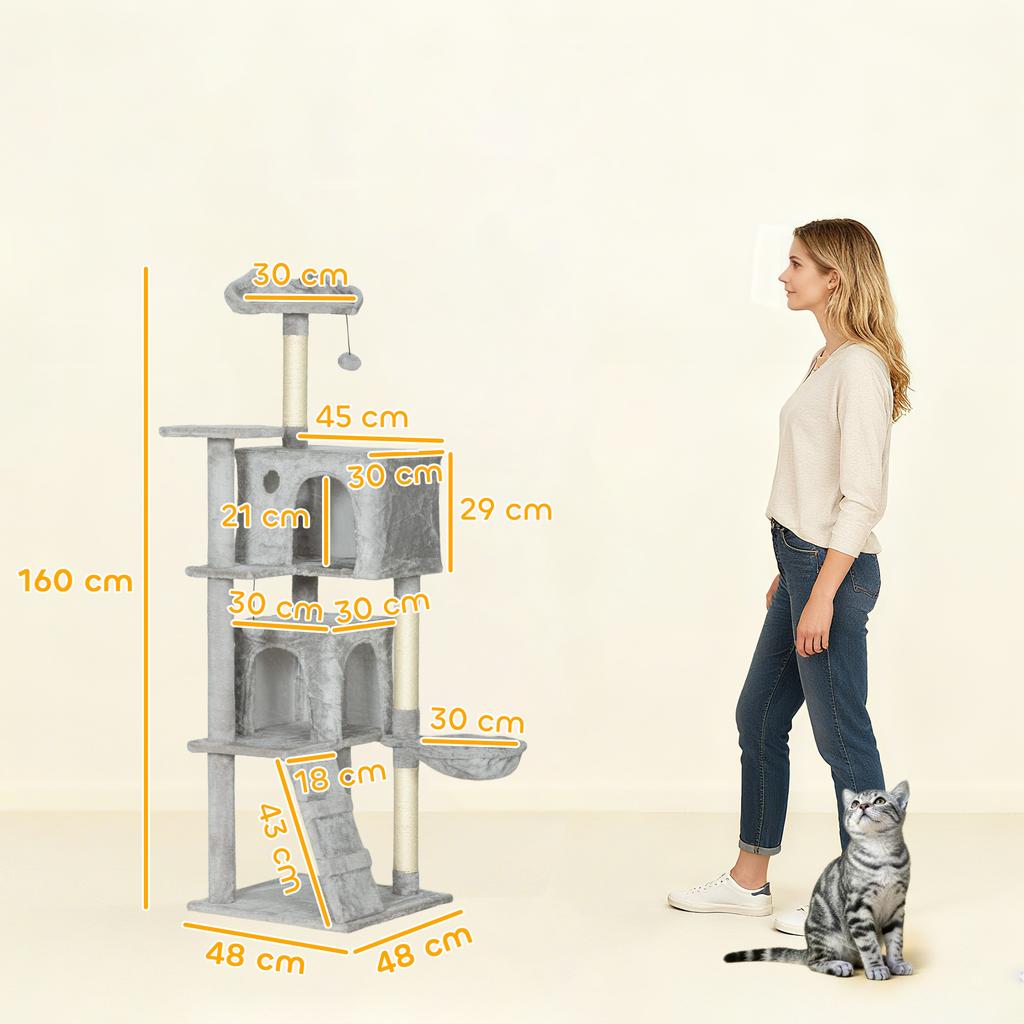 160 cm Cat Tree, Multiple Levels, Sisal Scratching Posts, Caves, Plush Platforms, Hammock, Ladder, Play Balls