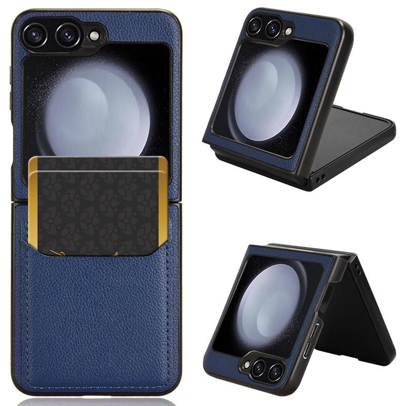 

For Samsung Galaxy Z Flip7 FE 5G/Z Flip6 5G Case Litchi Texture Leather Coated PC Phone Cover Card Slot Blue
