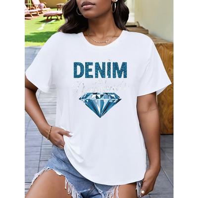 T-Shirt - Distressed Denim-Like Print with Blue Logo, Casual Short Sleeve Round Neck Top, Jeans-Inspired Design for Casual Attire & Layering
