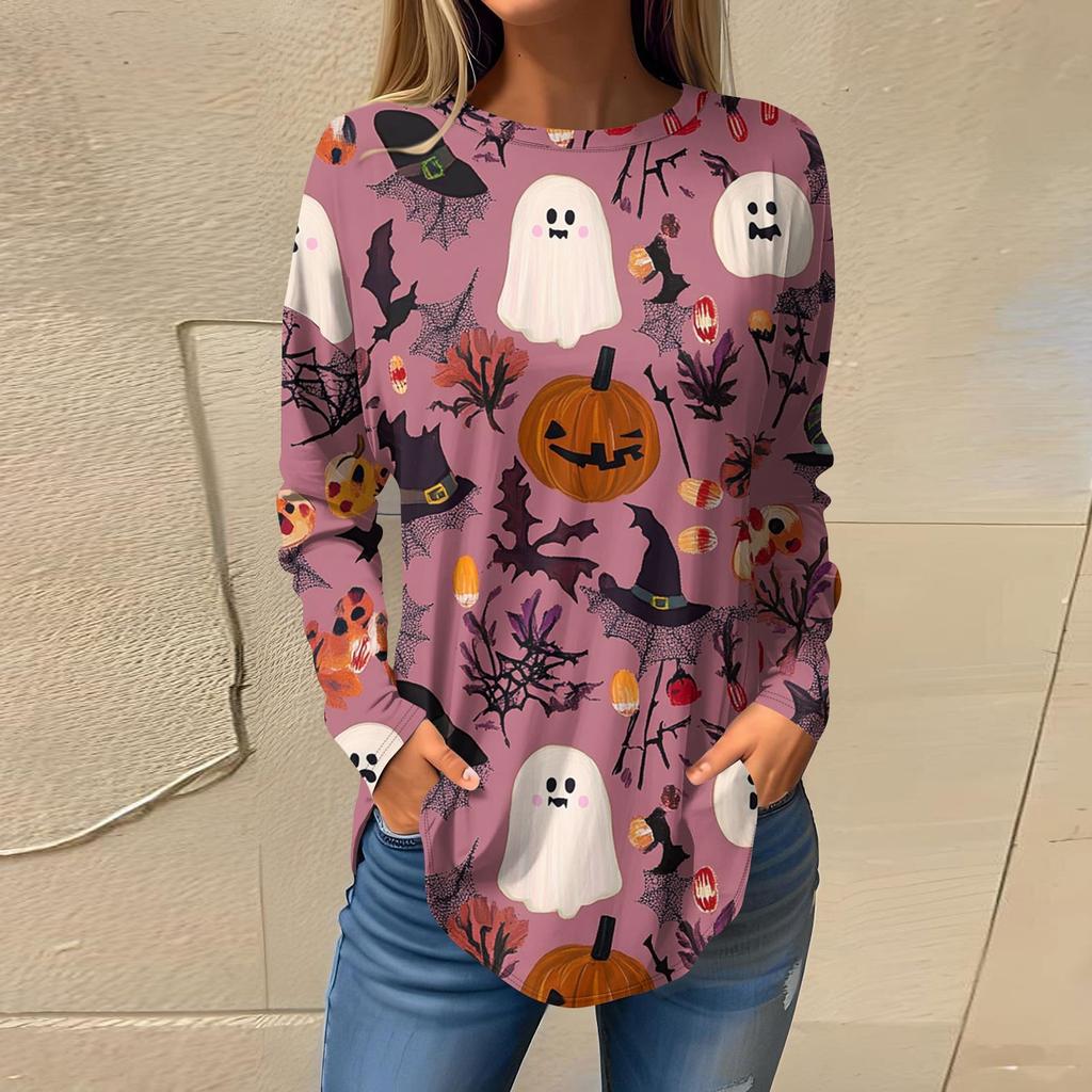 Moda para Mujer Suelto Cuello Redondo Halloween Estampado Manga Larga Camiseta Top Jersey