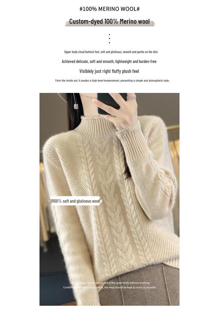 Chunky Knit Cable Wool Sweater - Half-High Neck, Textured, Elegant Autumn/Winter Outerwear