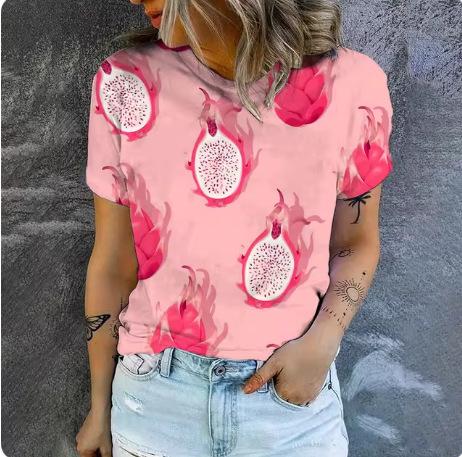 Summer new fashion trend short-sleeved top high quality fruit print breathable T-shirt simple casual loose round