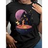 A Cat Lady Eating Ramen, Short-sleeved, Patterned Printed Round-neck T-shirt, Casual Short-sleeved T-shirt, Women's Clothing