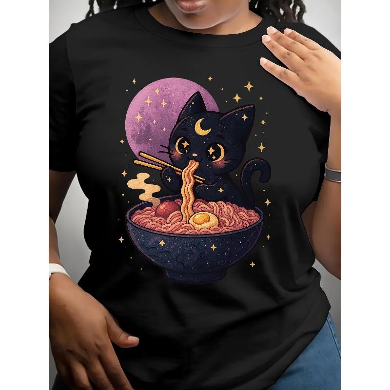 A Cat Lady Eating Ramen, Short-sleeved, Patterned Printed Round-neck T-shirt, Casual Short-sleeved T-shirt, Women's Clothing