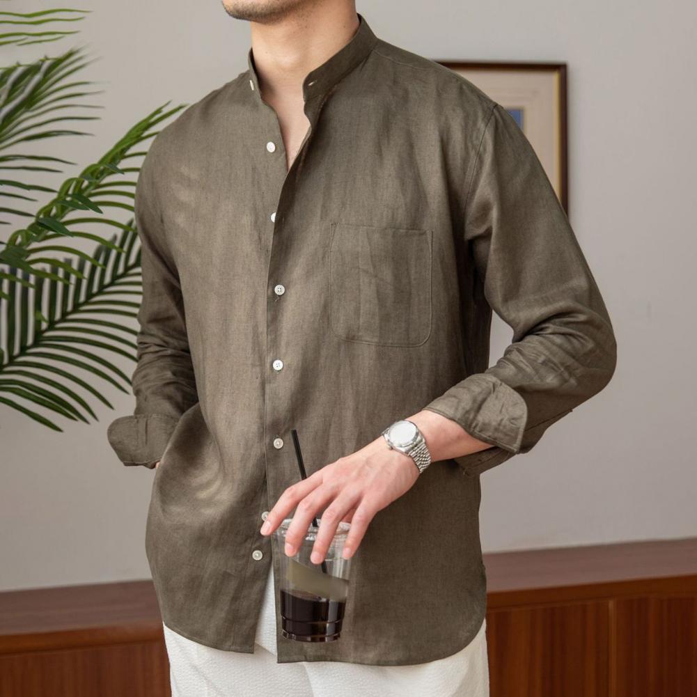 Spring Fall Men Shirt Stand Collar Single-breasted Long Sleeves Buttons Solid Color Cardigan Formal Business Style Office Top