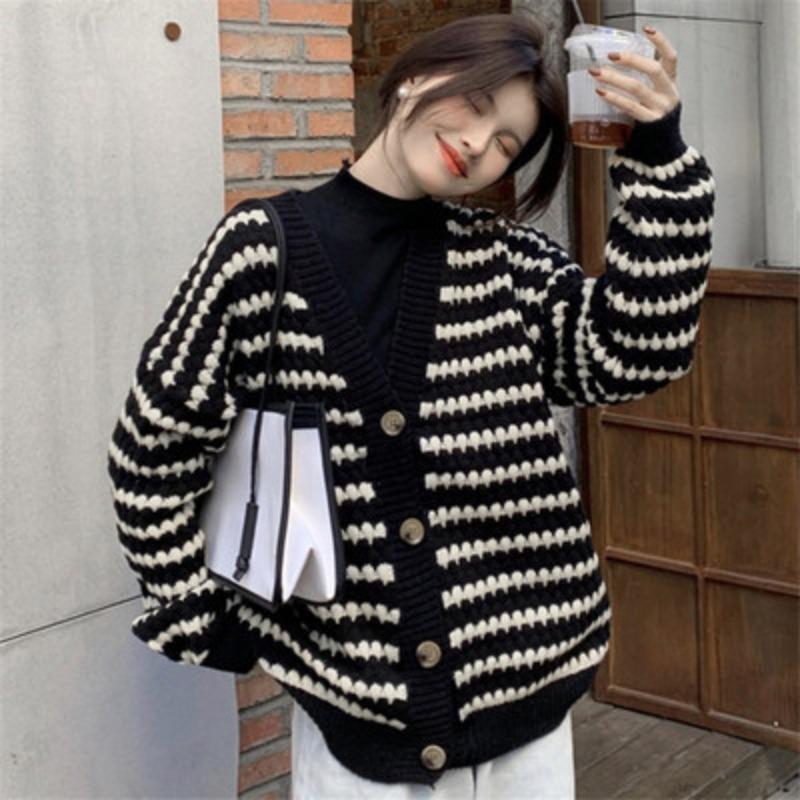 Knitted Cardigan Autumn and Winter Clothing New Model with Lazy Wind Striped V-neck Thickened Sweater Jacket Women