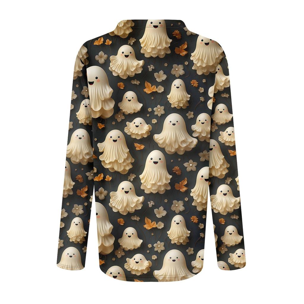 Women's Casual V-Neck Pullover Halloween Print Button Top