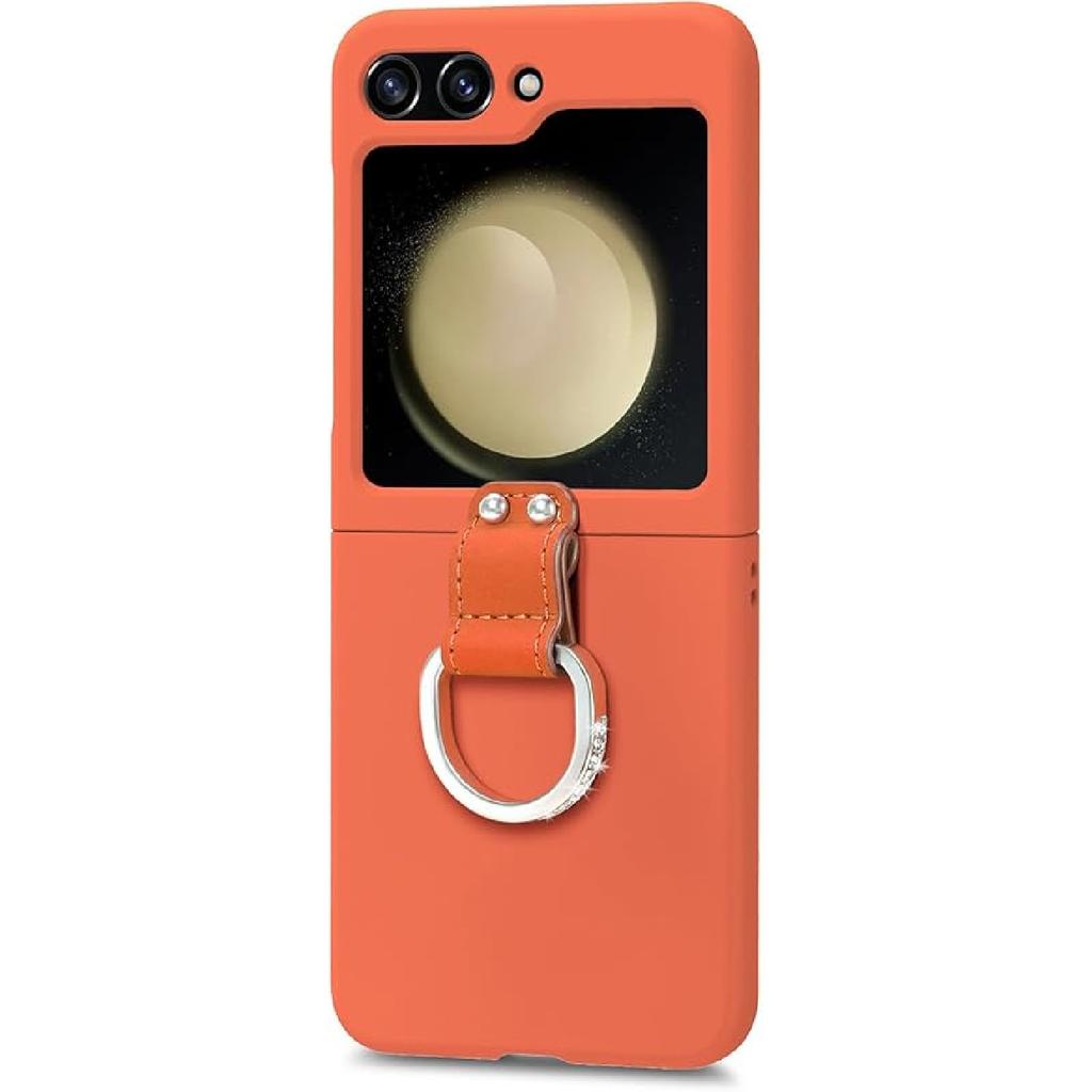 Case for Samsung Galaxy Z Flip 5, Slim Thin Hard PC Protective Phone Cover with Bling Ring Stand Shockproof Shell,Yellow