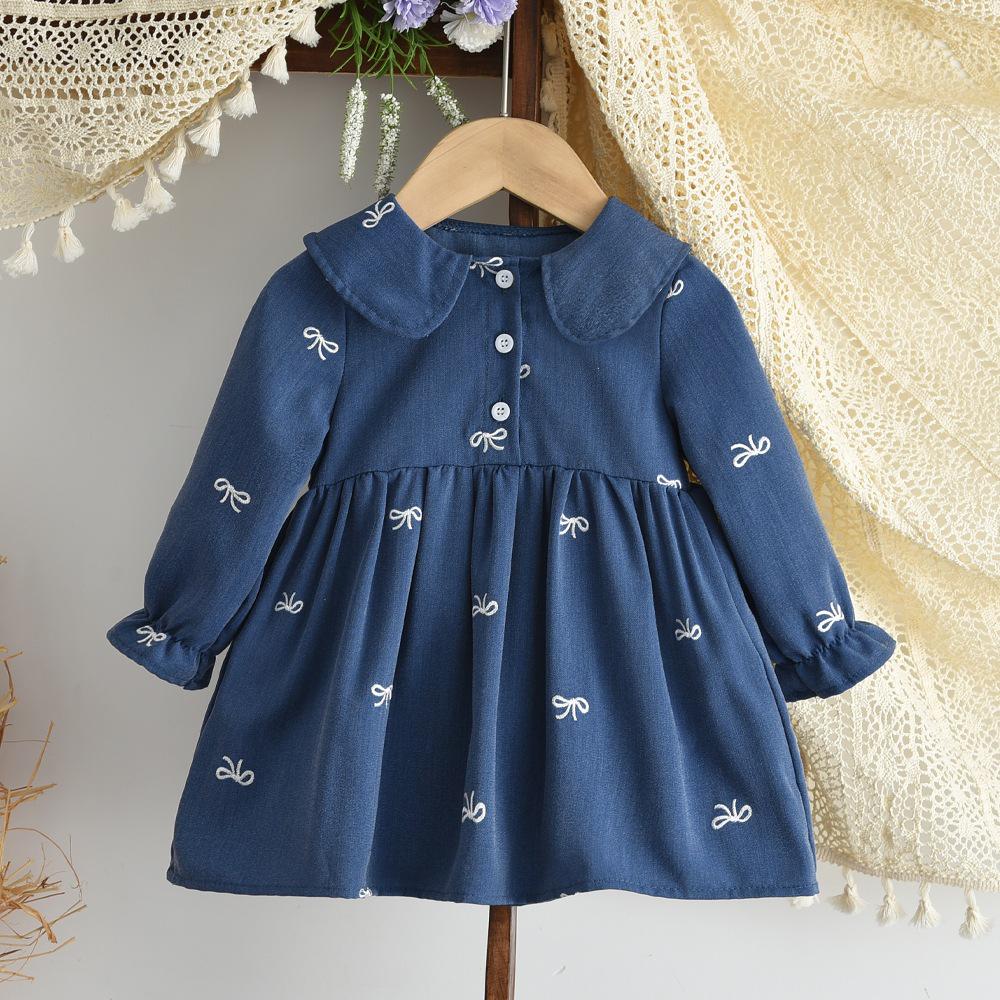 

Baby Girls Floral Embroidered Dress with Turn-Down Collar, Long Sleeves, Spring/Autumn Style 12-18M синий