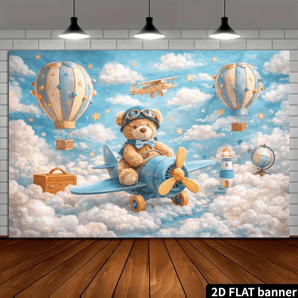A cartoon airplane and hot air balloon against a sky background, with blue sky and white clouds as the backdrop