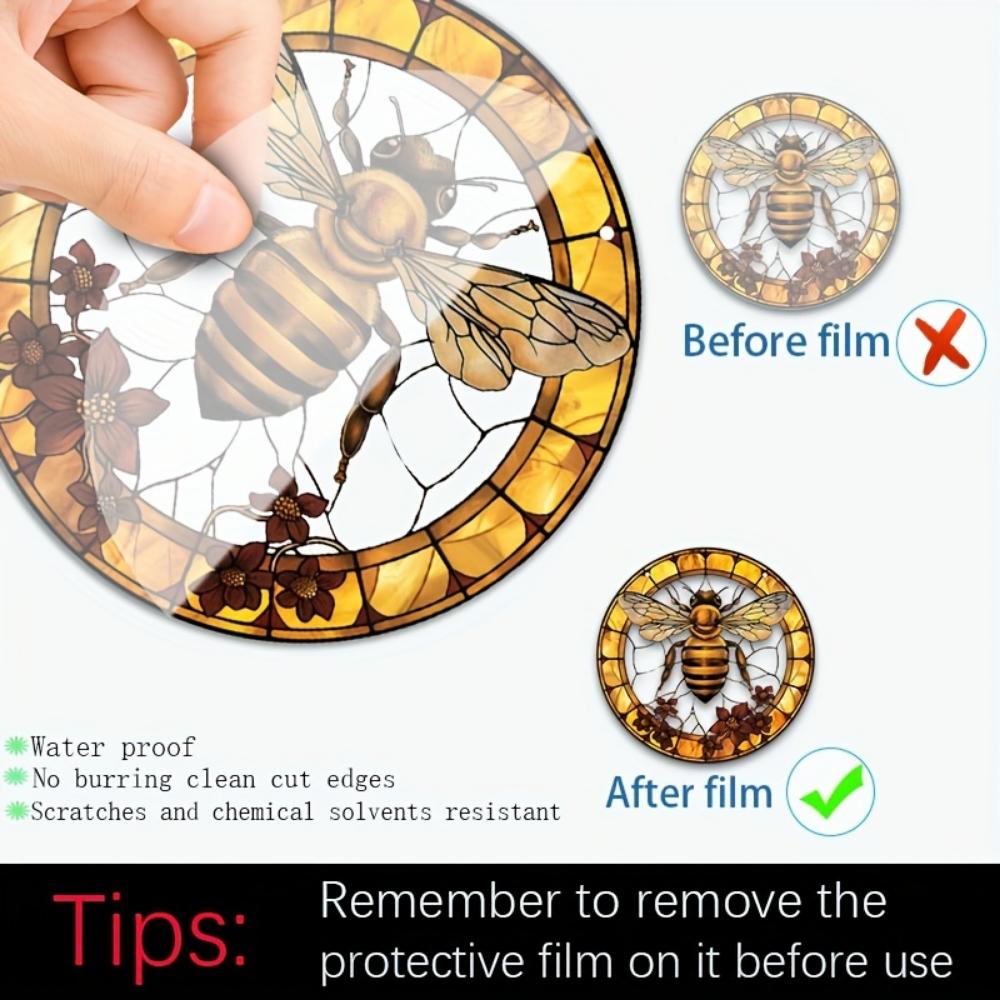 Bee and Flower Stained Glass Catcher, 8x8 inches,Christmas Holiday Themed Window Hanging Decoration, Garden Porch Bedroom Office Art, Decorative Gifts