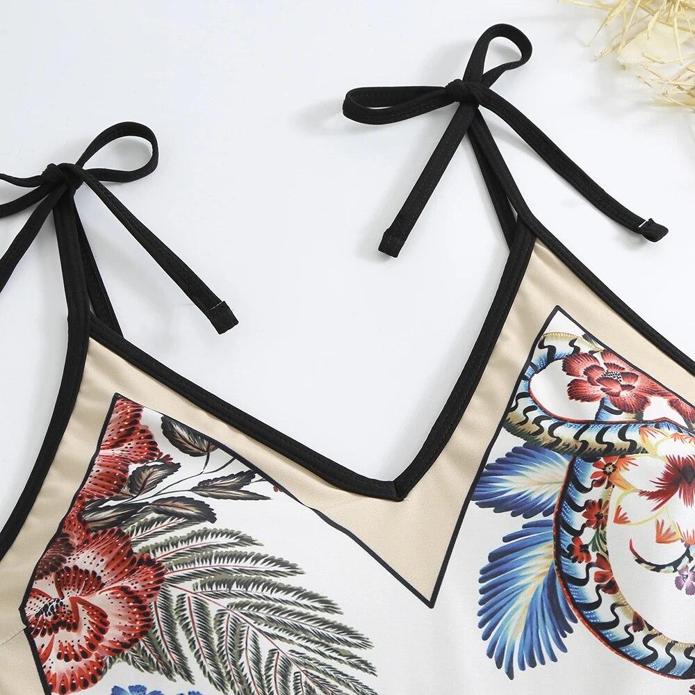 V-neck Tie Up 1 Piece Swimsuit for Women Fashion Printed Bikini Swimwear High Waisted Bath Suits with Cover Up Beach Skirt