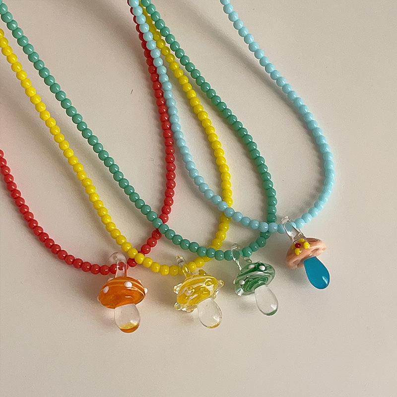 Glazed Beaded Resin Mushroom Pendant Necklace Simple Small Fresh Collarbone Chain Korean Ins Temperament Jewelry Women