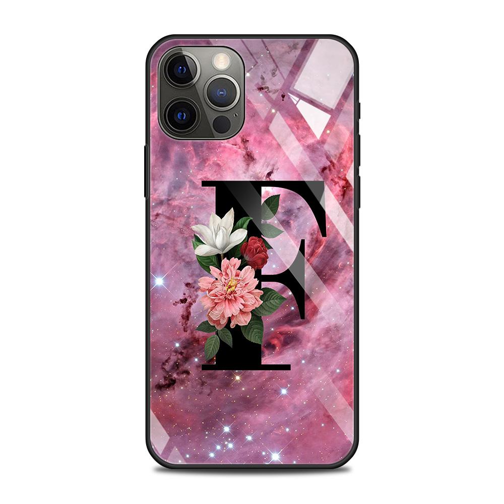 Tempered Glass Case For iPhone 14 12 11 Pro Max 13 12 Mini X XR XS Max 8 7 6s Plus Silicone Shell Letter A B Flowers Pink