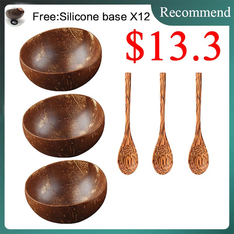 Coconut Bowl Set Natural Handmade Coconut Shell Tableware Wood Spoon Dessert Fruit Salad Mixing Rice Ramen Wooden Bamboo Bowl