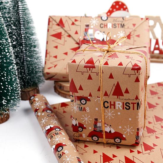 Christmas Wrapping Paper Vintage Thick Brown Holiday Gift Wrap with Christmas Tree Truck Snowflake