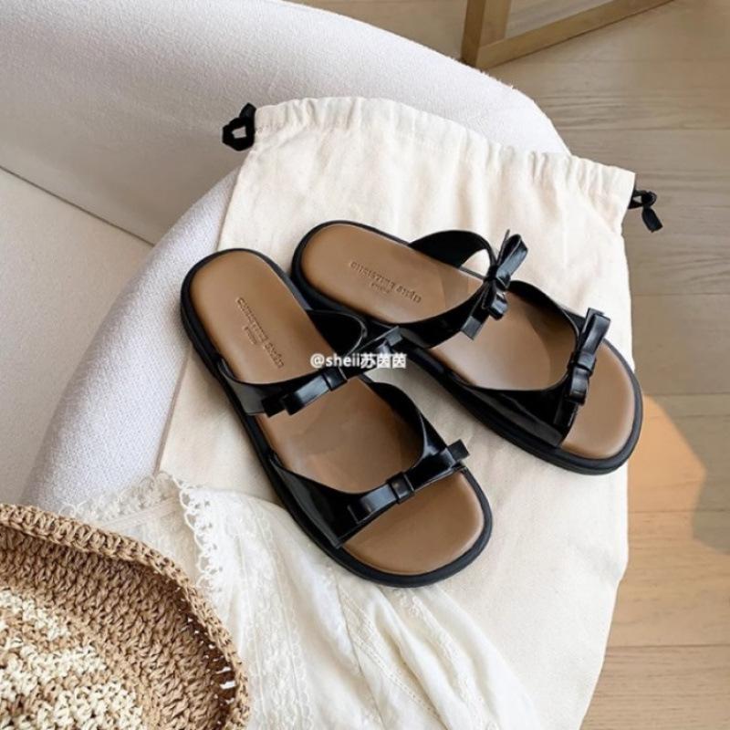 

[Sheei] Beach holiday~ bow flat-bottomed beach casual slippers women s sandals outside 35 чорний