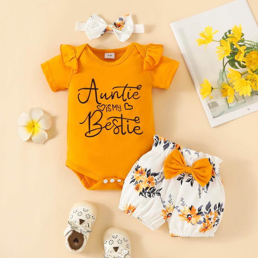Baby Girl Summer Romper & Shorts Set - "Letter" Top with Belted Flower Pants