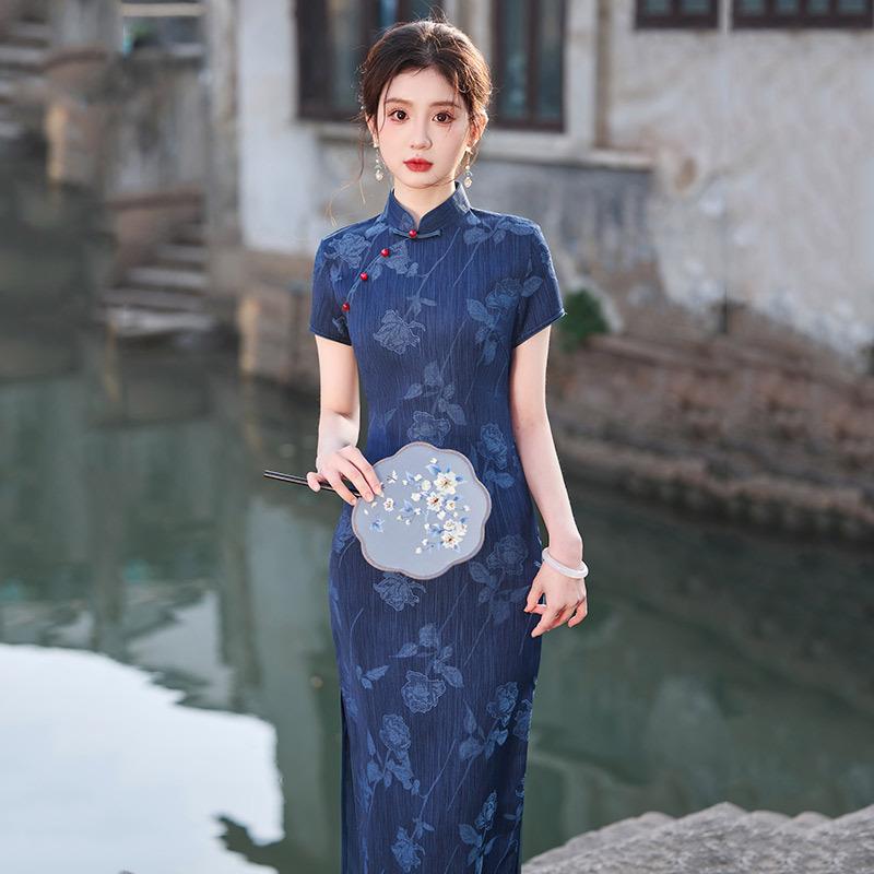 Blue national style new Chinese Suzhou long cheongsam improved young women's high sense of the Republic of China can be worn daily in summer