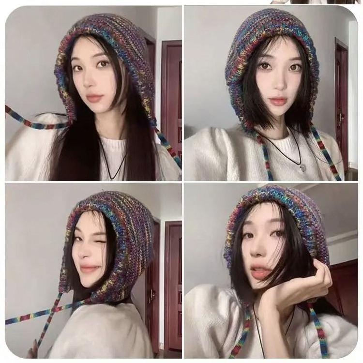 Autumn and Winter Colorful Woolen Hats for Women Korean Style Face Showing Small Knitted Hats with Straps To Keep Them Warm and Ear Protecting.
