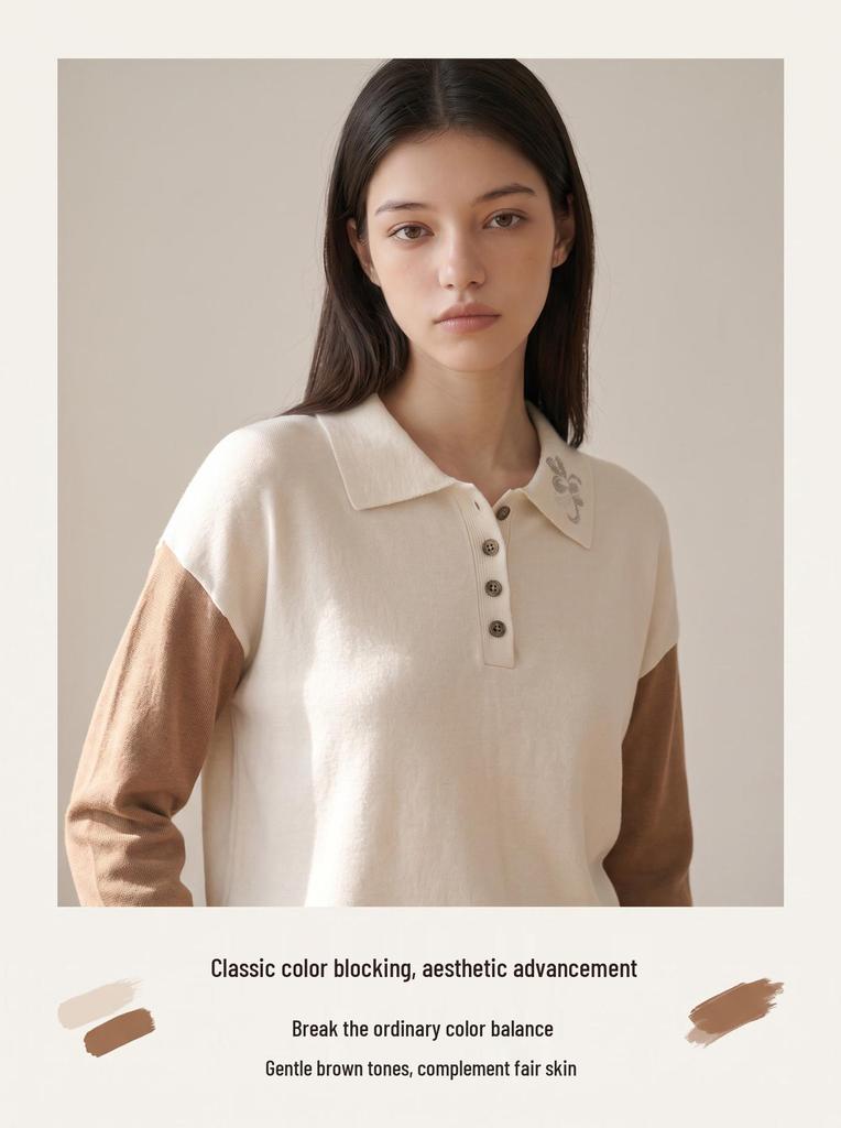 MU Women's Color Block Polo Neck Embroidery Knit Sweater - Long Sleeve, Autumn/Winter, Simple & Elegant.