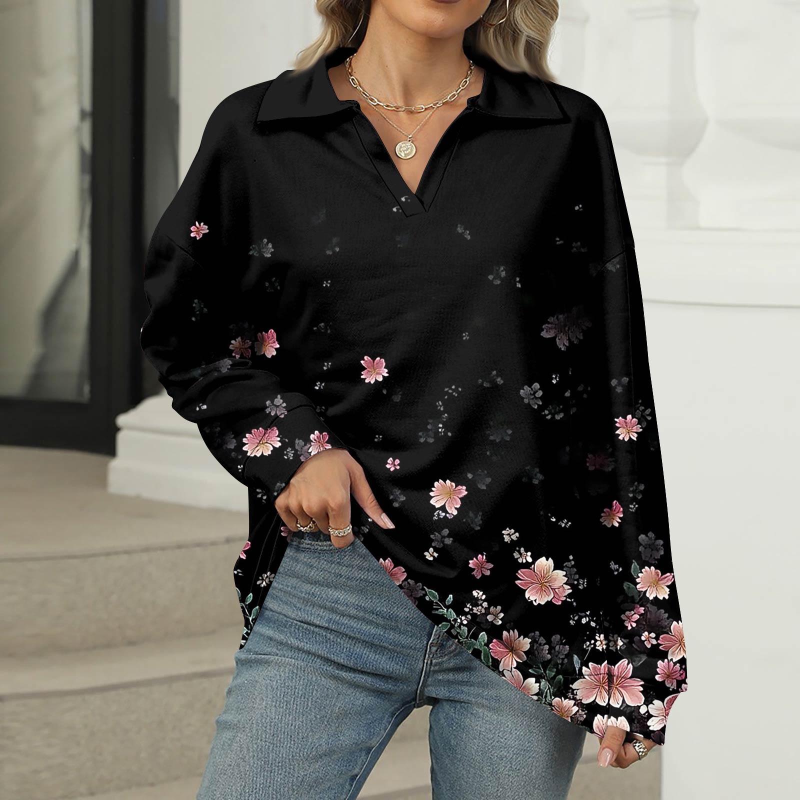 

Женская летняя модная повседневная рубашка с v-образным вырезом и длинным рукавом с принтом, топ S