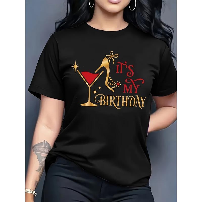 

Birthday Letter Print Crew Neck T-Shirt, Casual Short Sleeve T-Shirt for Spring & Summer, Women s Clothing European Size 4XL