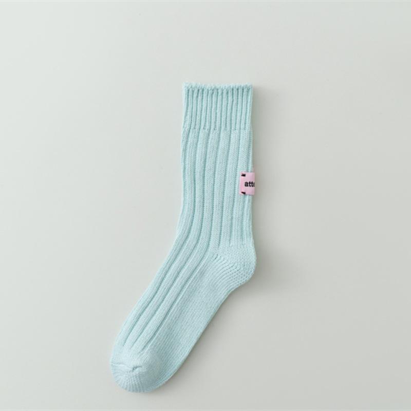 Japanese Pink Label Chunky Knit Mid-Calf Socks - Unisex Solid Color Raw Cotton