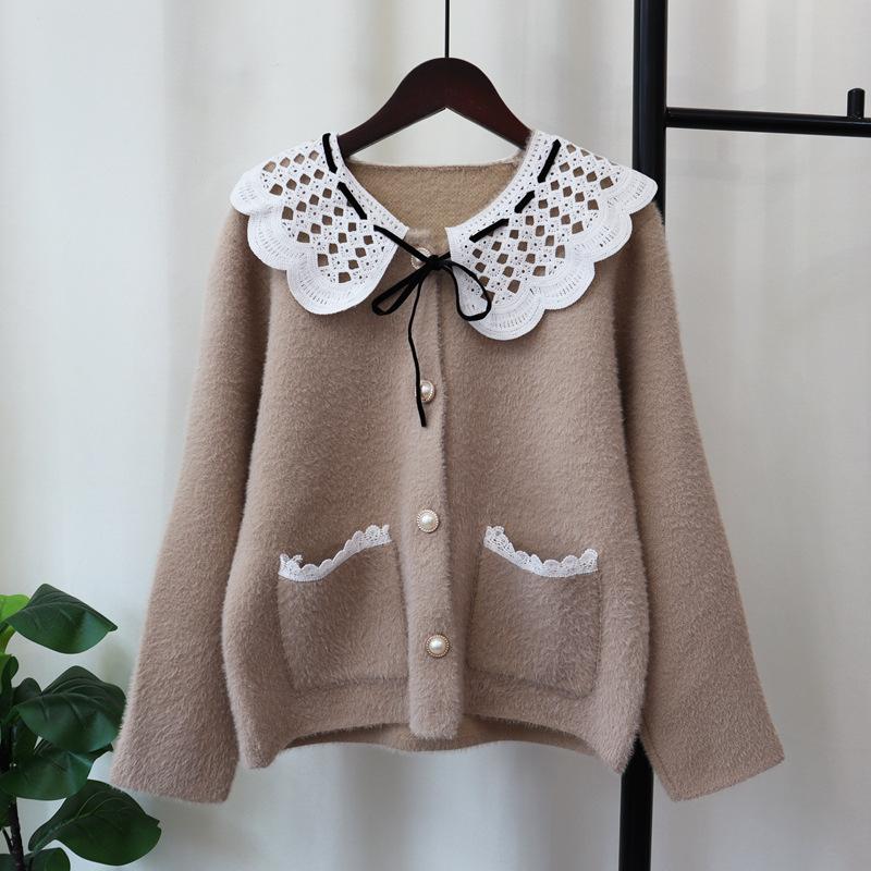 Splicing lace imitation mink fleece sweater jacket for women's autumn and winter new sweet age-reducing knitted cardigan for women